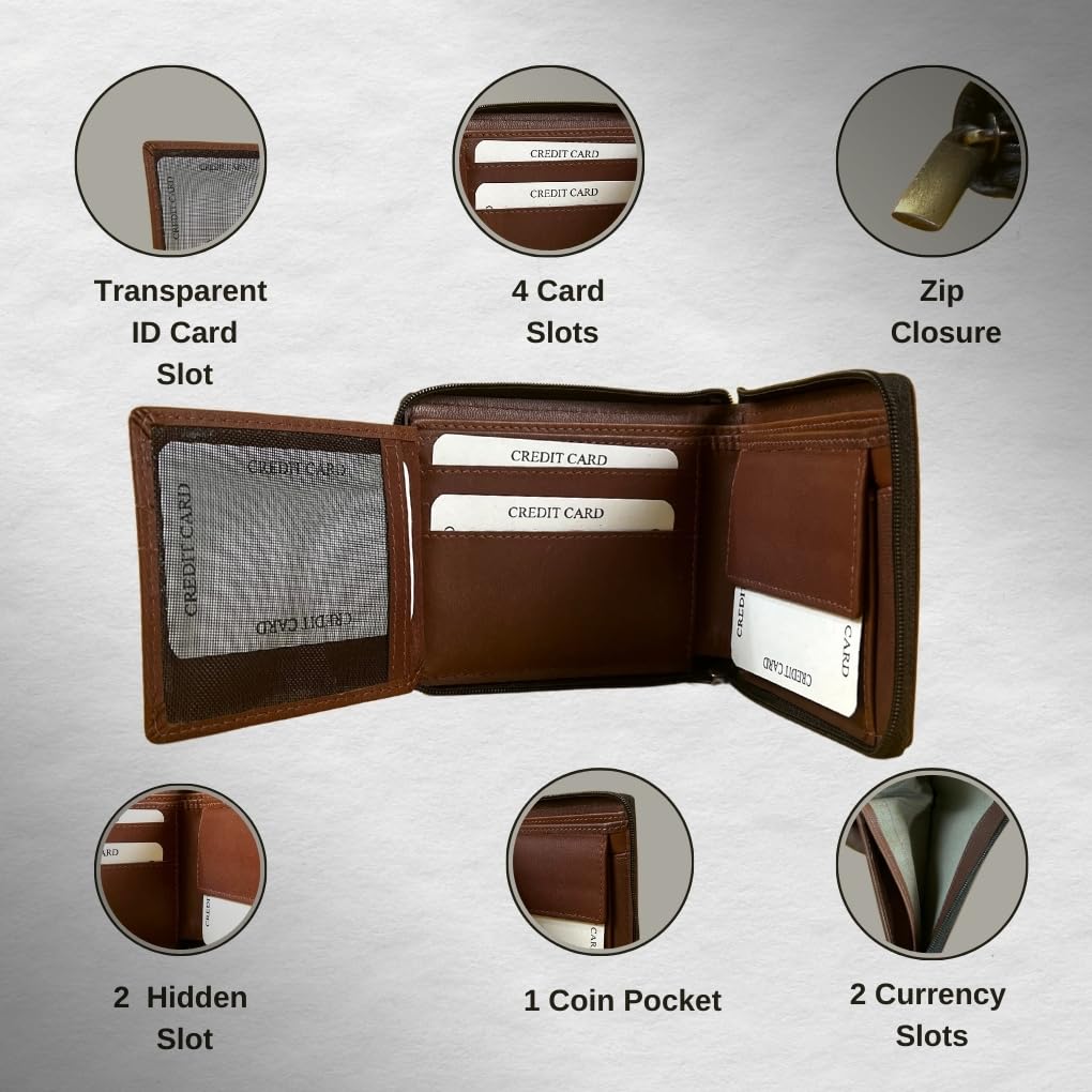 Madosh Genuine Leather Men's Wallet Brown Bifold Purse | RFID Protected | Cards Holder Coin Pocket | Zip Closure for Safety